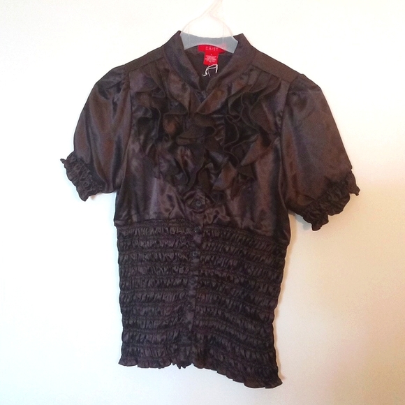 Satin Ruffled Bodice Blouse with Smocking - Picture 1 of 10